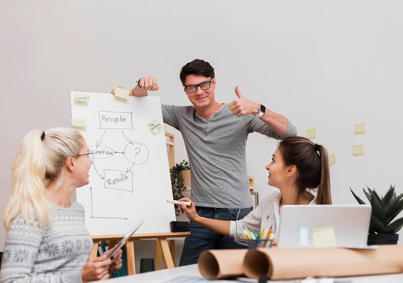 Team brainstorming on a whiteboard