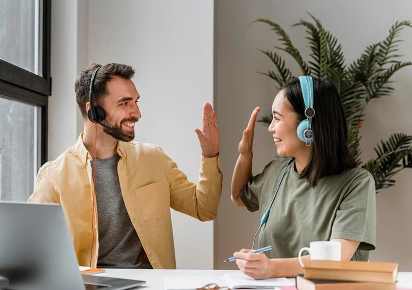 Traders collaborating with headsets